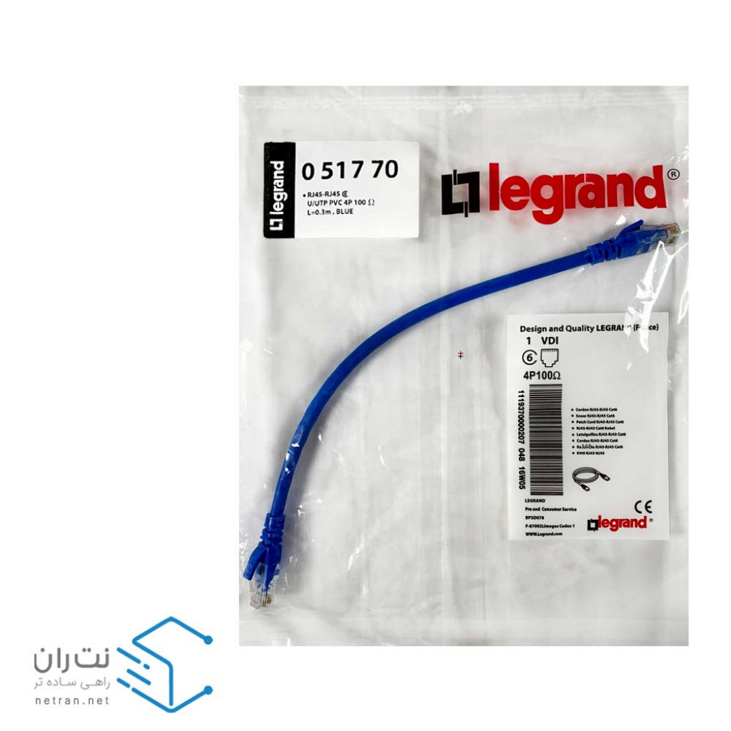 پچ کورد لگراند (کابل لن) Cat6 UTP روکش PVC آبی 30 سانتی متری